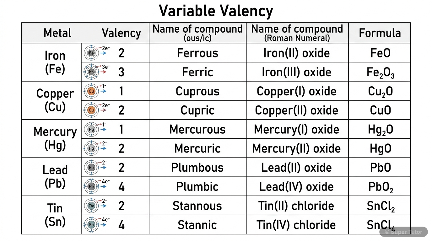 Elements Exhibiting Variable Valency A table showcasing elements that exhibit variable valency, providing examples of their different valencies and the corresponding names of compounds using both 'ous/ic' suffixes and Roman numerals.