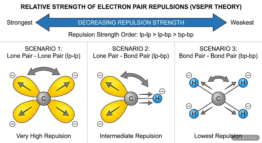 A diagram illustrating the relative strengths of electron pair repulsions (lone pair-lone pair > lone pair-bond pair > bond pair-bond pair) and how they influence molecular geometry and bond angles.