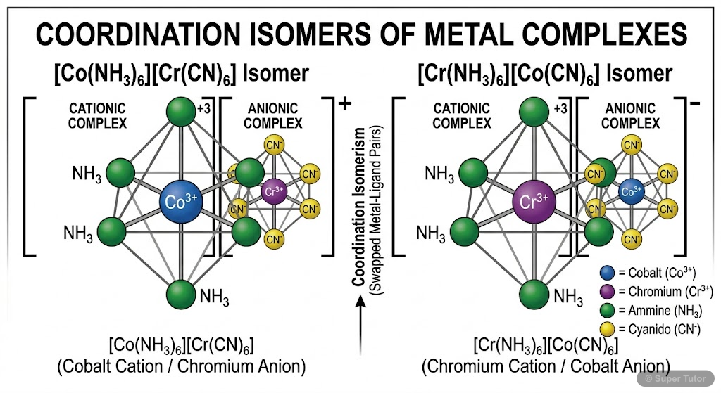 Diagrams illustrating two coordination isomers, where the ligands are exchanged between cationic and anionic complex ions in a compound. Examples include [Co(NH3)6][Cr(CN)6] and [Cr(NH3)6][Co(CN)6].