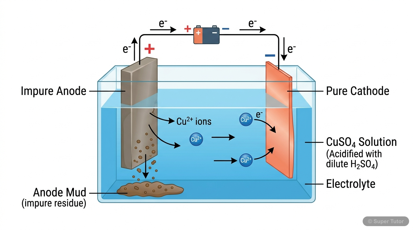 A diagram showing the setup for electrolytic refining of copper, with an impure copper anode, a pure copper cathode, and copper sulfate solution as the electrolyte. Illustrates the dissolution of impu