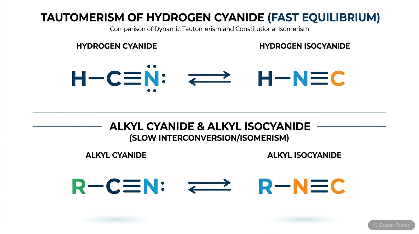 A diagram illustrating the tautomeric relationship between hydrogen cyanide (HCN) and hydrogen isocyanide (HNC), and their corresponding alkyl derivatives, alkyl cyanides (RCN) and alkyl isocyanides (