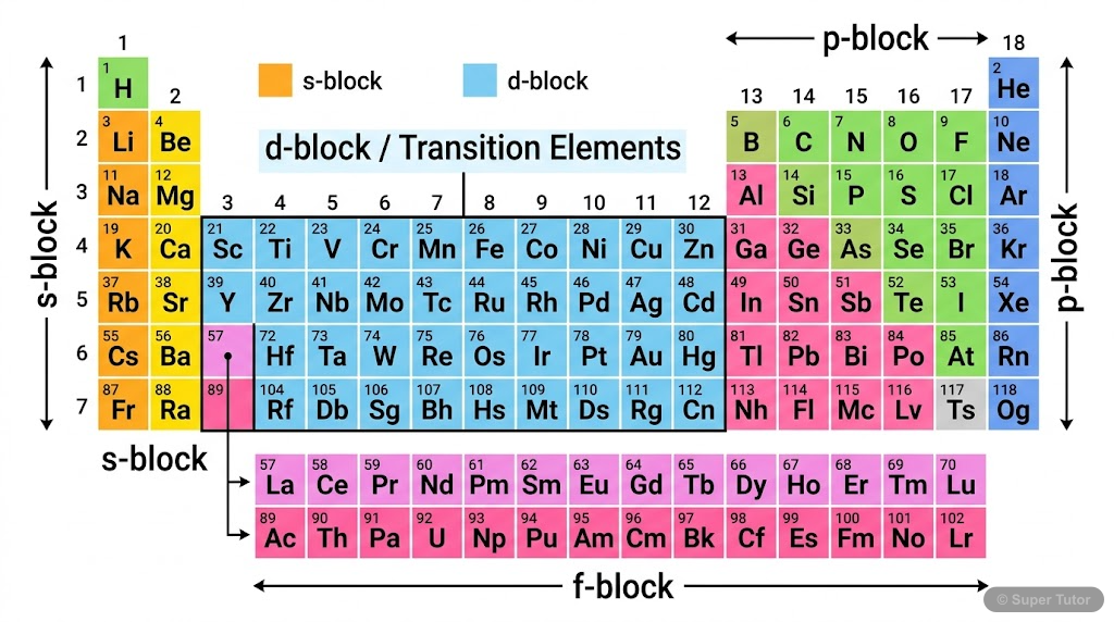 A periodic table highlighting the s, p, d, and f blocks, specifically emphasizing the d-block elements as the 'transition elements' located between s- and p-blocks.