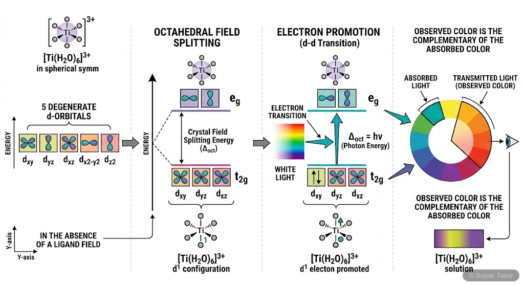 A diagram explaining how d-d transitions lead to color in transition metal complexes. It should show crystal field splitting of d-orbitals, absorption of specific wavelengths of light, and emission of