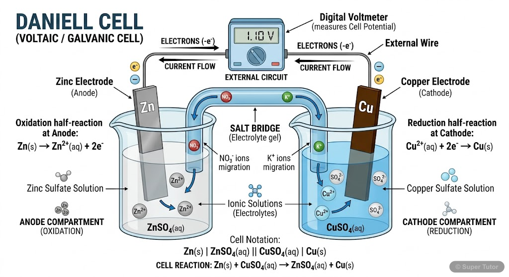 Daniell Cell: Electrochemical Cell Setup A labeled diagram of a Daniell cell, showing the anode (zinc electrode), cathode (copper electrode), electrolyte solutions (zinc sulfate, copper sulfate), salt bridge, and the direction of electron an