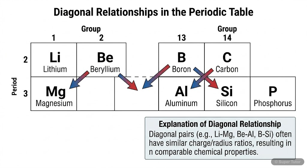 A diagram of a portion of the periodic table highlighting the diagonal relationships between certain elements (e.g., Li-Mg, Be-Al, B-Si), showing their similar properties.