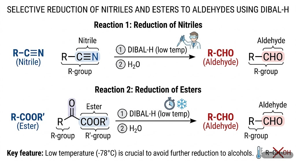 A labeled diagram showing the selective partial reduction of nitriles and esters to aldehydes using DIBAL-H (Diisobutylaluminum hydride) at low temperatures, followed by hydrolysis.