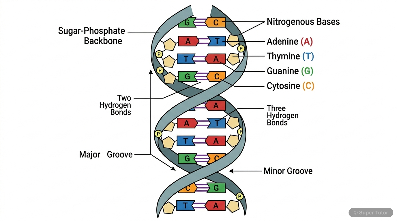 A detailed diagram of the DNA double helix, showing the two polynucleotide strands wound around each other, and highlighting the specific hydrogen bonding between complementary base pairs (A-T and G-C