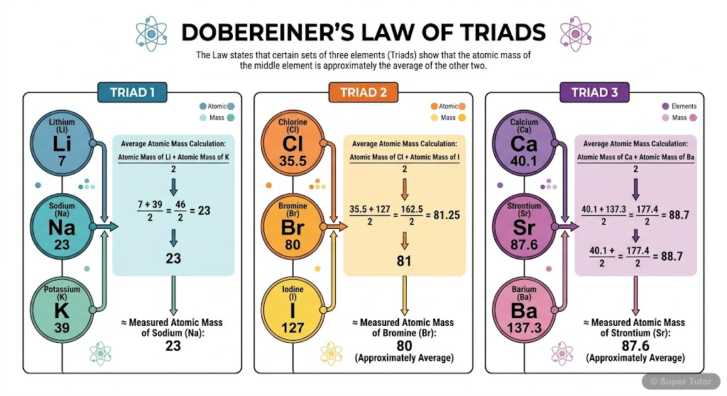 Dobereiner's Law of Triads A diagram illustrating Dobereiner's Law of Triads with specific examples, showing three elements with similar properties where the atomic mass of the middle element is approximately the average of the