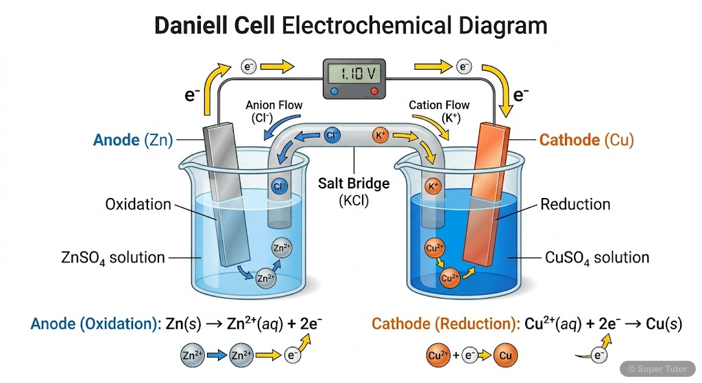A detailed labeled diagram of a Daniell cell, showing the zinc anode, copper cathode, zinc sulfate and copper sulfate electrolyte solutions, salt bridge, external circuit with voltmeter, and indicatin