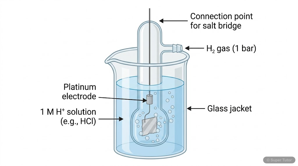 A labeled diagram of the Standard Hydrogen Electrode (SHE), illustrating its components: a platinum electrode, 1 M H+ solution, and hydrogen gas at 1 bar pressure, and how it acts as a reference elect
