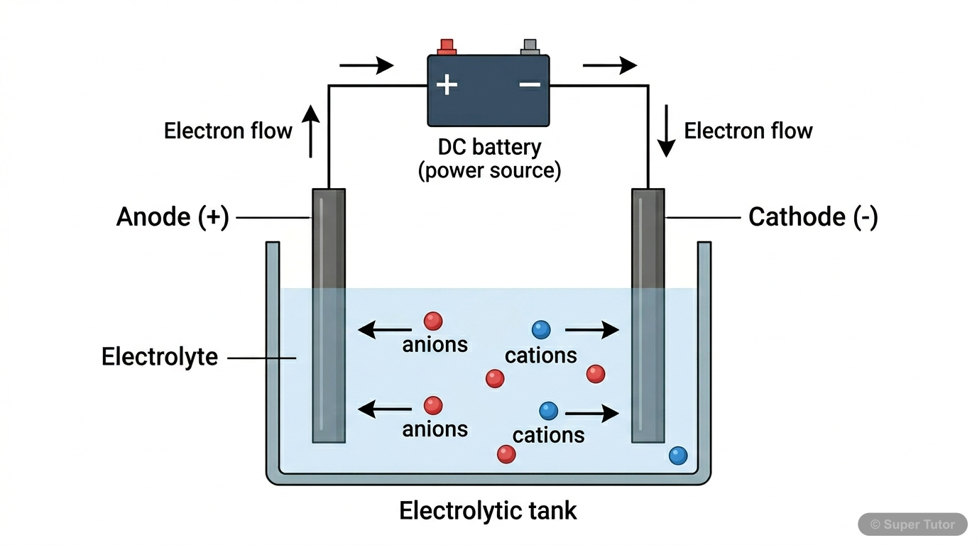 A labeled diagram showing the components of a typical electrolytic cell, including the electrolytic tank, electrolyte, anode (positive electrode), cathode (negative electrode), and external battery co