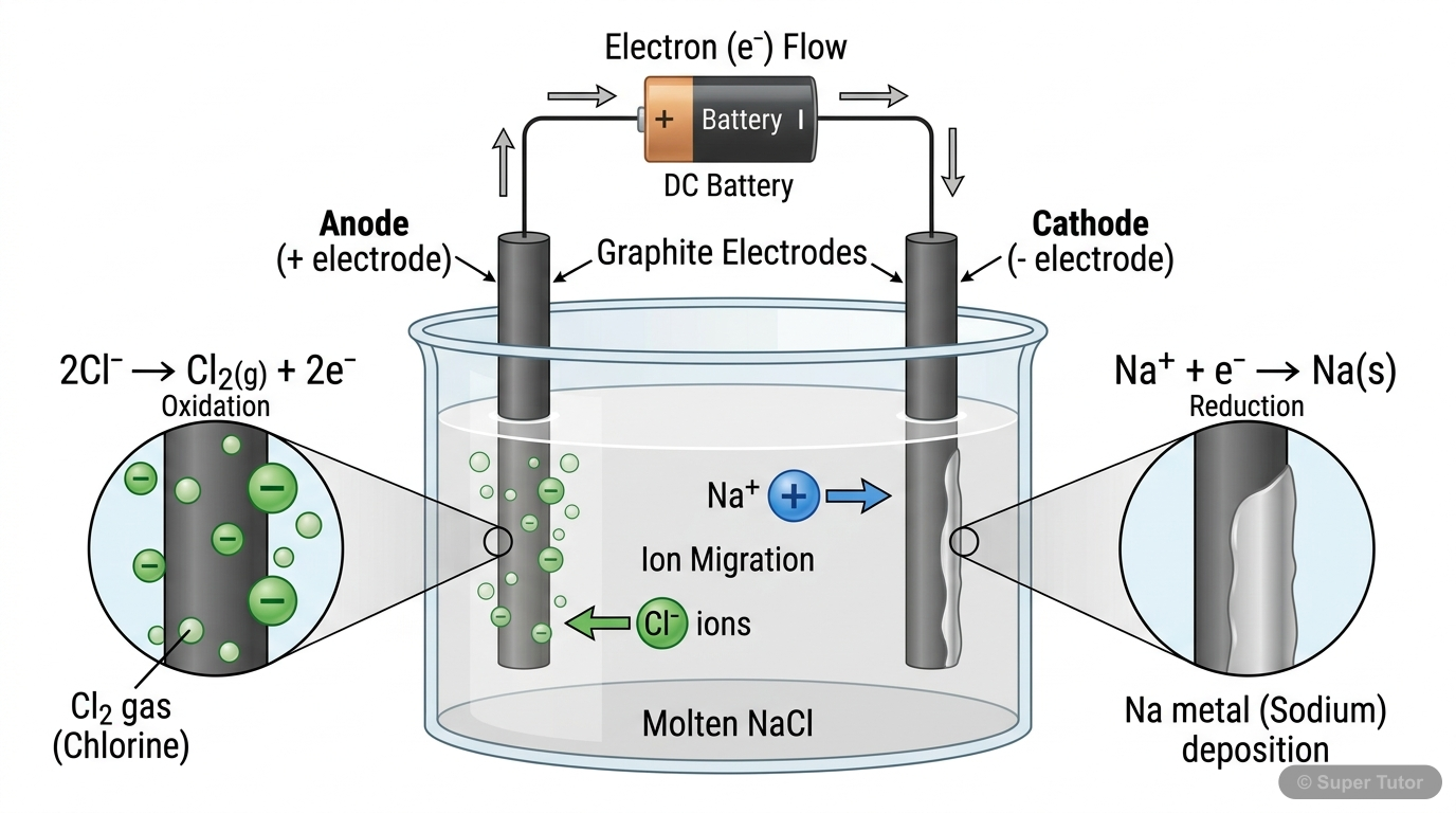 A diagram illustrating the electrolytic cell for molten NaCl, showing the anode, cathode, external power source, and the movement and discharge of Na+ and Cl- ions.
