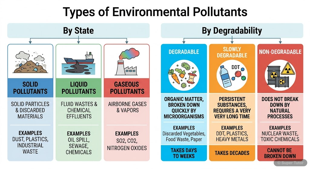 An infographic illustrating the classification of pollutants based on their state (solid, liquid, gaseous) and degradability (degradable, slowly degradable, non-degradable) with examples.