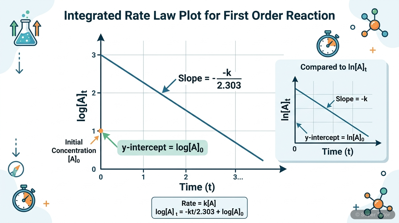 A graph showing a linear relationship when the natural logarithm of reactant concentration (ln[A]t or log[A]t) is plotted against time for a first-order reaction, with the slope related to the rate co