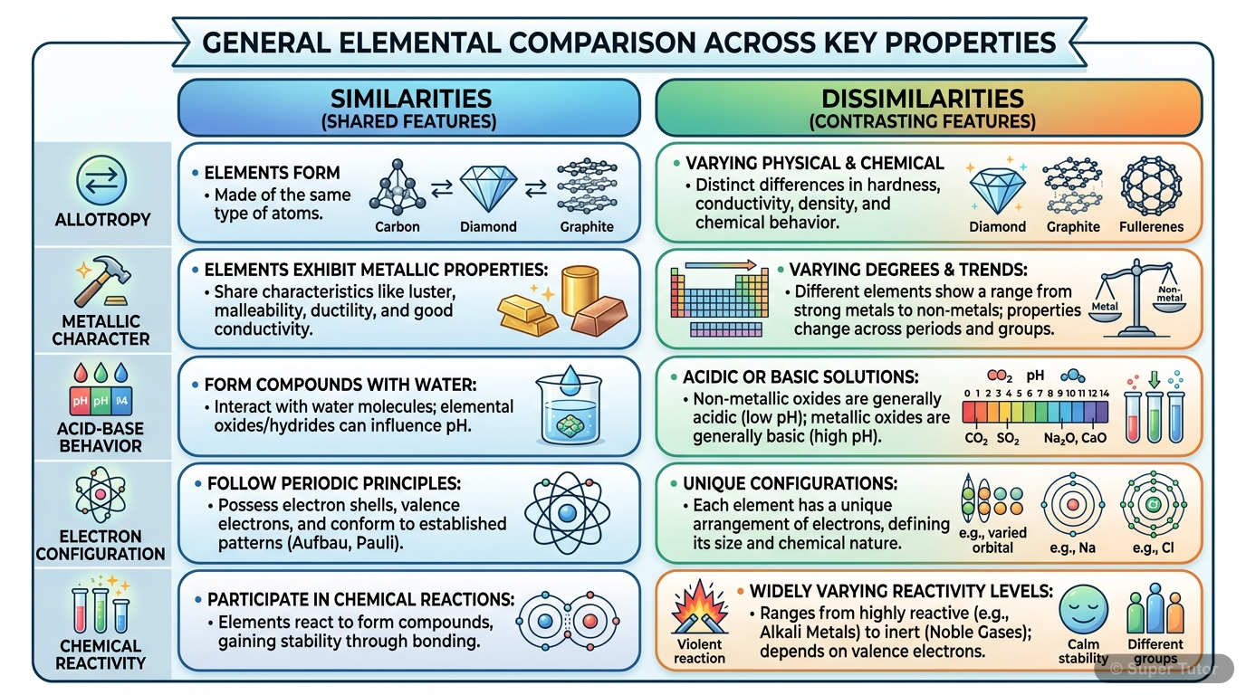 A comparison chart highlighting the key similarities and dissimilarities between Silicon (Si) and Tin (Sn) in terms of allotropy, oxides, hydrides, halides, reaction with alkalis, metallic character, 
