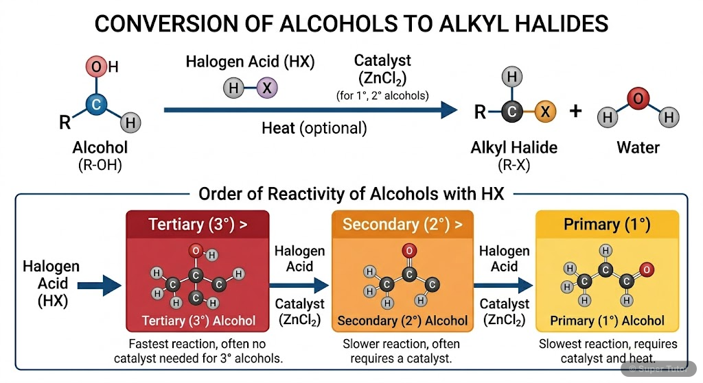 Preparation of Haloalkanes from Alcohols A flowchart illustrating the general reaction of alcohols with halogen acids (HX) to form alkyl halides, showing the reactivity order of primary, secondary, and tertiary alcohols.