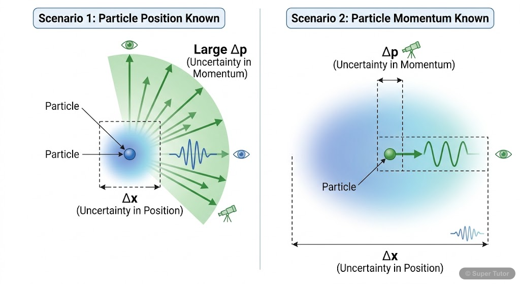 A conceptual illustration of Heisenberg's Uncertainty Principle, showing the inverse relationship between the precision with which a particle's position and momentum can be simultaneously known.