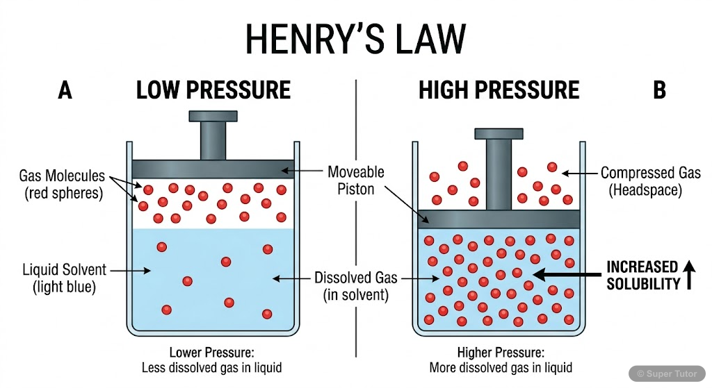 A diagram demonstrating how increasing the partial pressure of a gas above a liquid increases its solubility in the liquid, as described by Henry's Law.