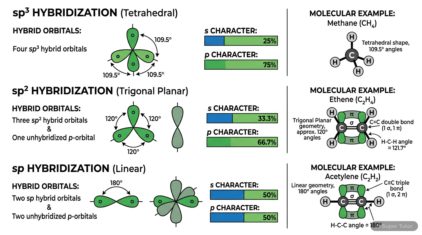 A comparative diagram illustrating the shapes, bond angles, and s/p character of sp³, sp², and sp hybrid orbitals, along with representative molecular geometries (tetrahedral, trigonal planar, linear)