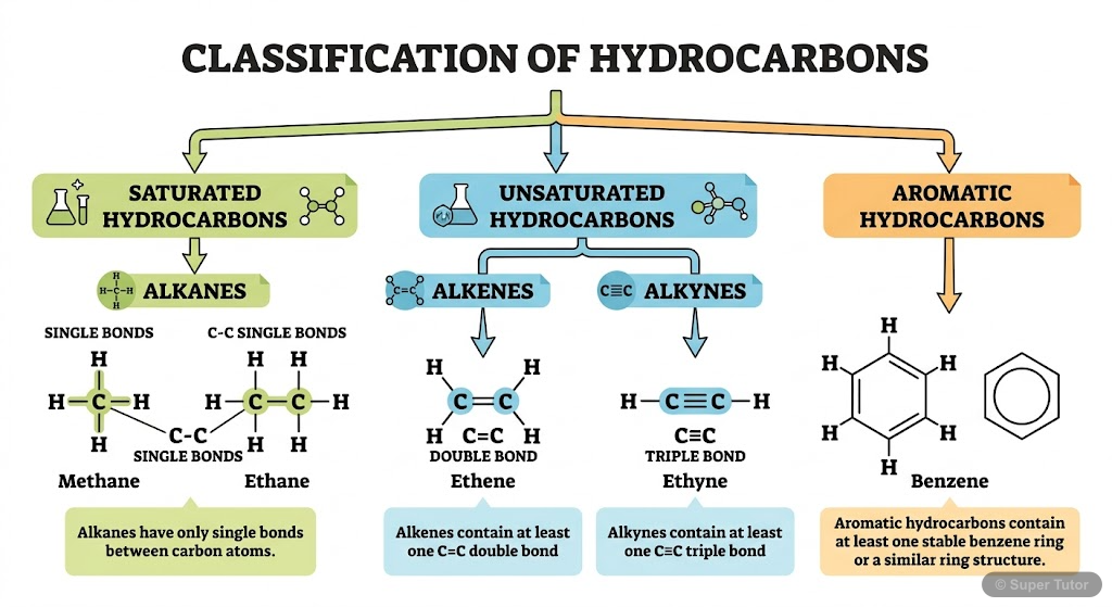 An infographic illustrating the main types of hydrocarbons: saturated (alkanes), unsaturated (alkenes, alkynes), and aromatic hydrocarbons, with their general structures and key characteristics.