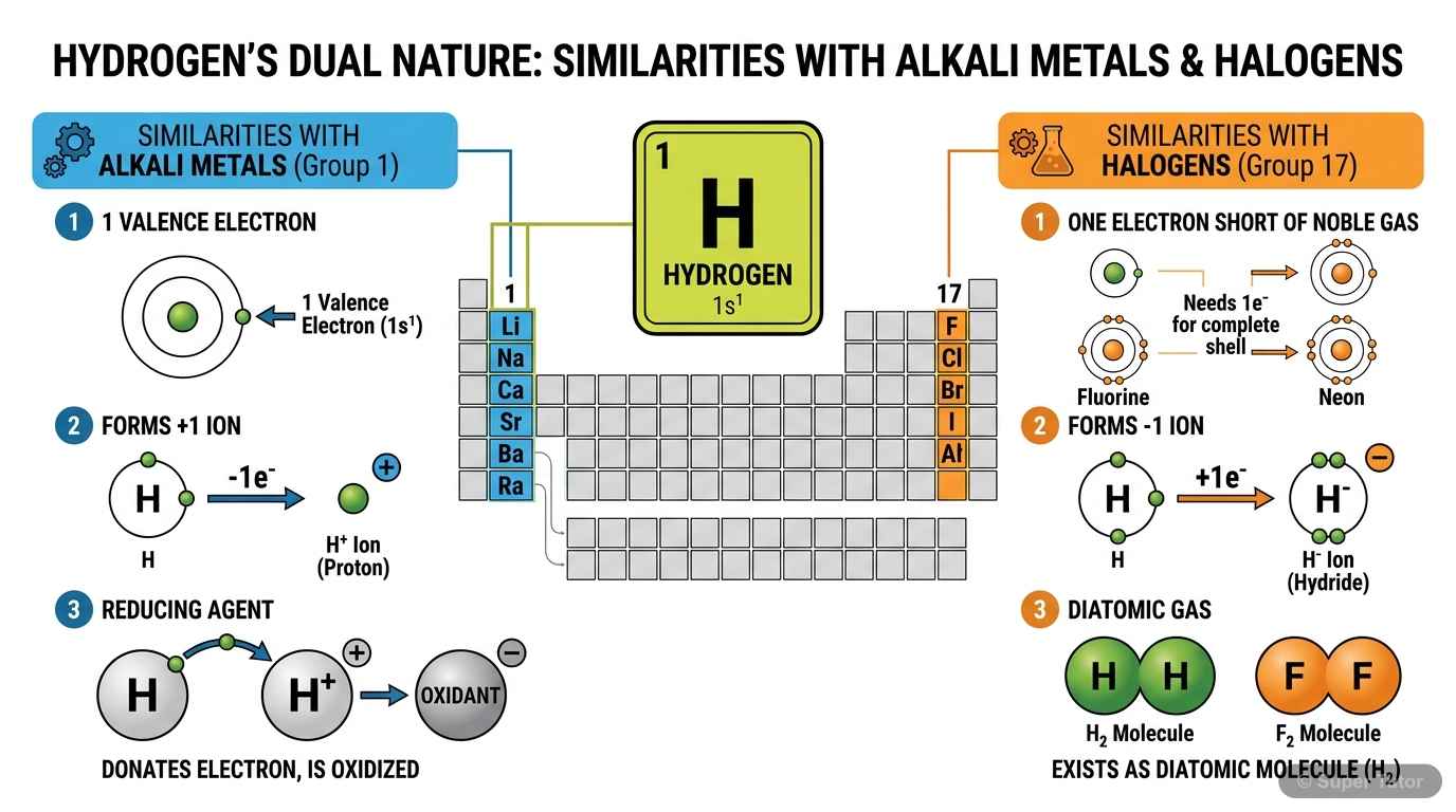 An infographic illustrating hydrogen's similarities to both Group 1 (alkali metals) and Group 17 (halogens) elements, explaining why its position is unique and debated.