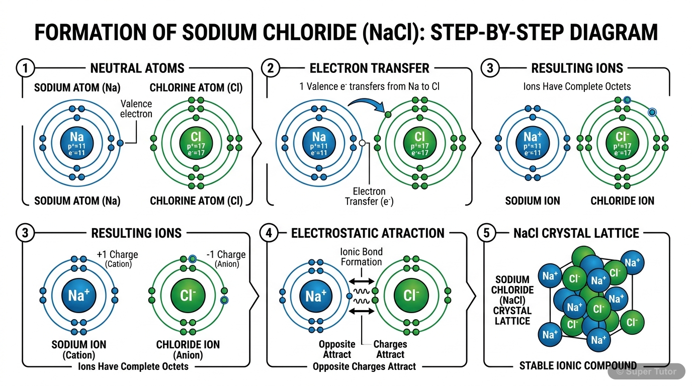 A step-by-step diagram illustrating the formation of an ionic bond between a sodium atom and a chlorine atom, showing the transfer of an electron from Na to Cl to form Na+ and Cl- ions, and their subs
