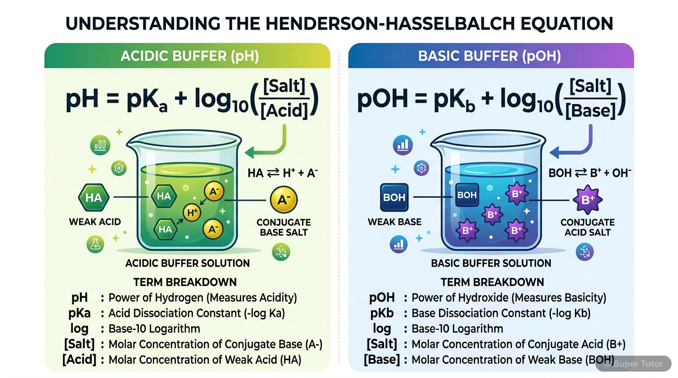 An infographic illustrating the Henderson-Hasselbalch equation for both acidic and basic buffer solutions, showing the components (acid/salt, base/salt) and their relation to pH/pOH and pKa/pKb.