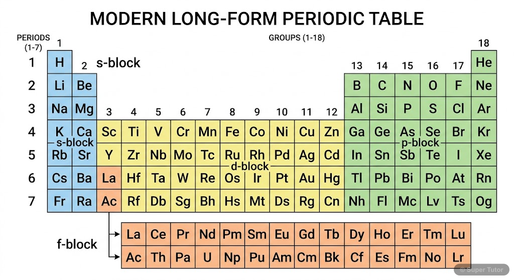 Modern Periodic Table: Blocks, Periods, and Groups A comprehensive labeled diagram of the modern long-form periodic table, clearly showing the s, p, d, and f blocks, numbered periods (1-7), and numbered groups (1-18).