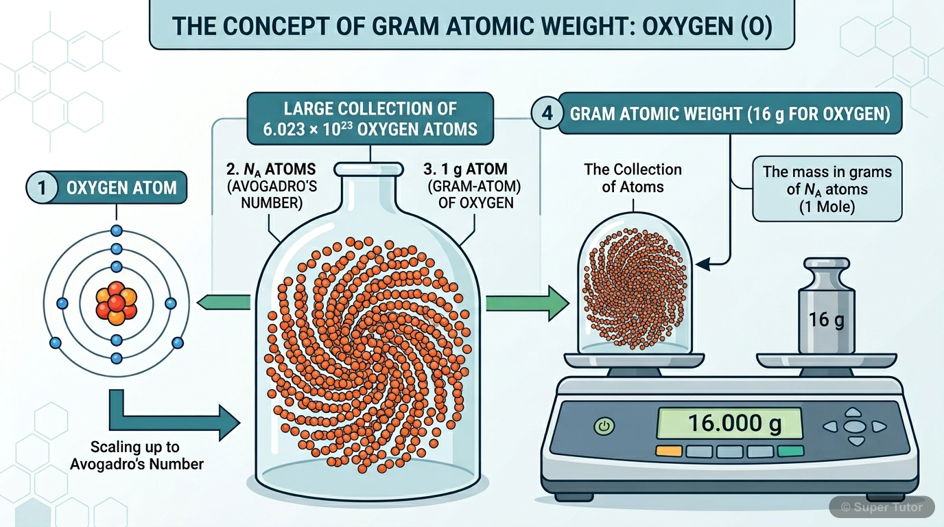 A visual representation explaining the mole concept for elements, showing the relationship between 1 gram atom, Avogadro's number of atoms, and the gram atomic weight, using oxygen as an example.
