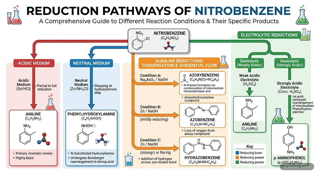Reduction Pathways of Nitrobenzene A flowchart illustrating the diverse reduction products of nitrobenzene under various conditions (acidic, neutral, alkaline, electrolytic), showcasing the influence of pH and reagents.