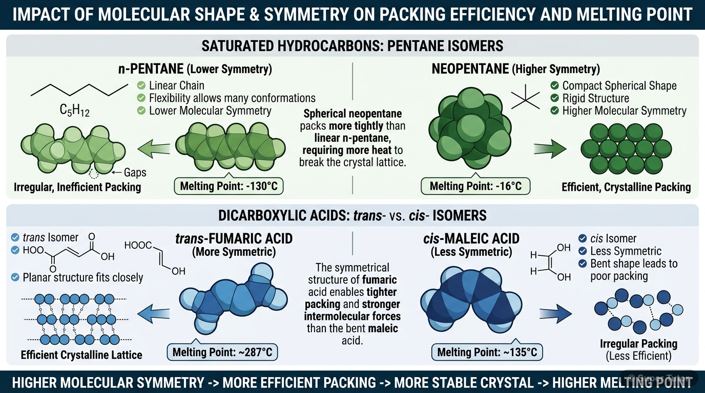 A comparison diagram illustrating how molecular symmetry and size influence the melting points of organic solids, specifically comparing n-pentane and neopentane, and fumaric acid and maleic acid.