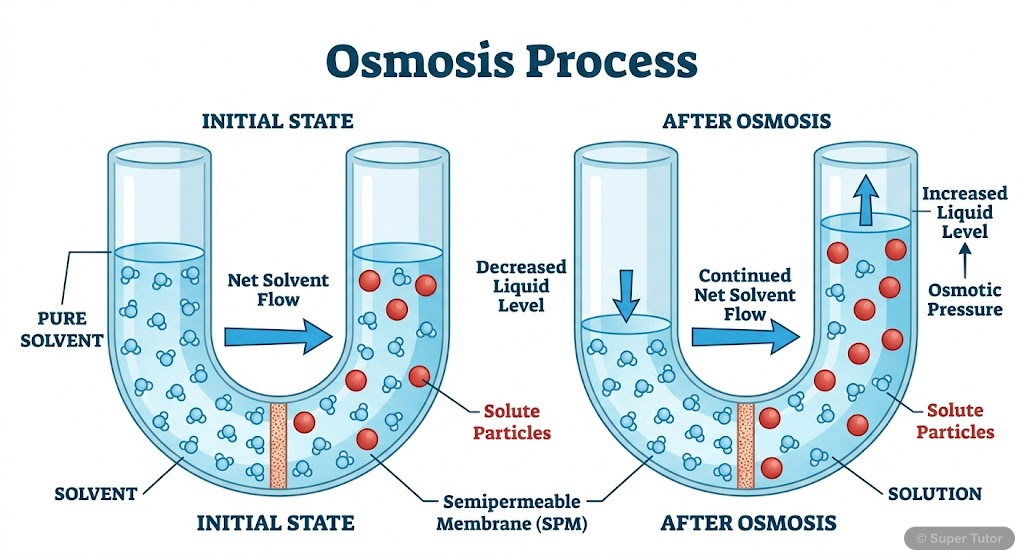 A diagram illustrating the process of osmosis, where solvent molecules move across a semipermeable membrane from a region of higher solvent concentration (lower solute concentration) to a region of lo