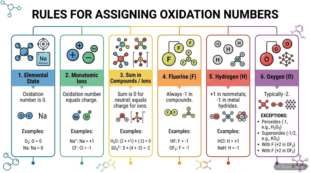 An infographic summarizing the key rules for assigning oxidation numbers to elements in compounds and ions, including exceptions for common elements like oxygen and hydrogen.