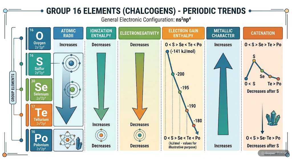 An infographic summarizing key properties and trends of Group 16 elements: Oxygen, Sulfur, Selenium, Tellurium, Polonium. Includes general electronic configuration, physical state, atomicity, and tren