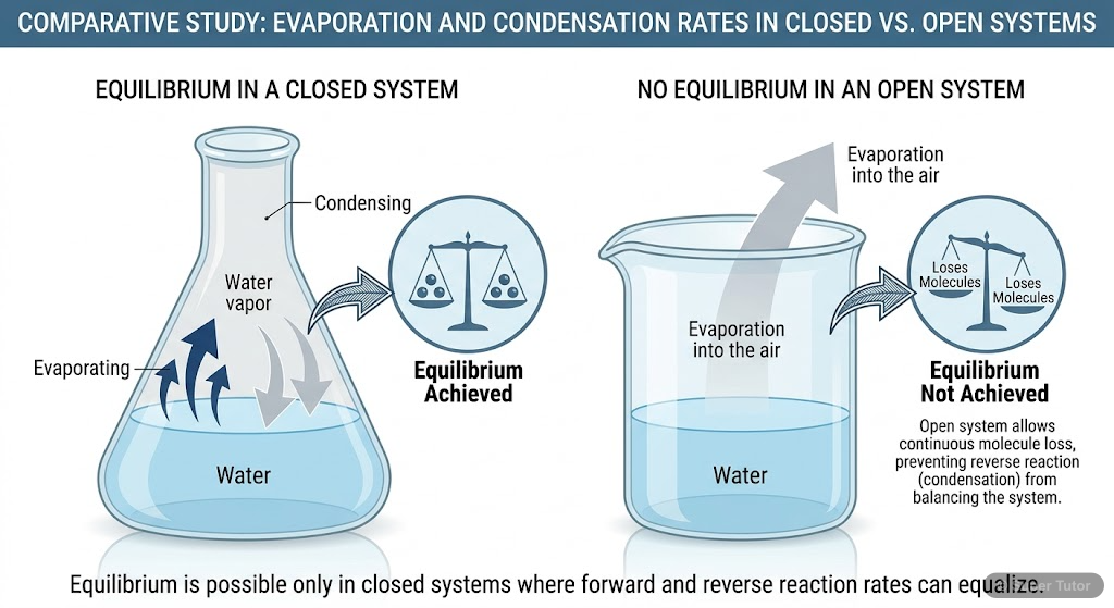 A comparison illustrating why physical equilibrium (like liquid-vapor equilibrium) can only be achieved in a closed system, not an open one, due to the containment of matter.