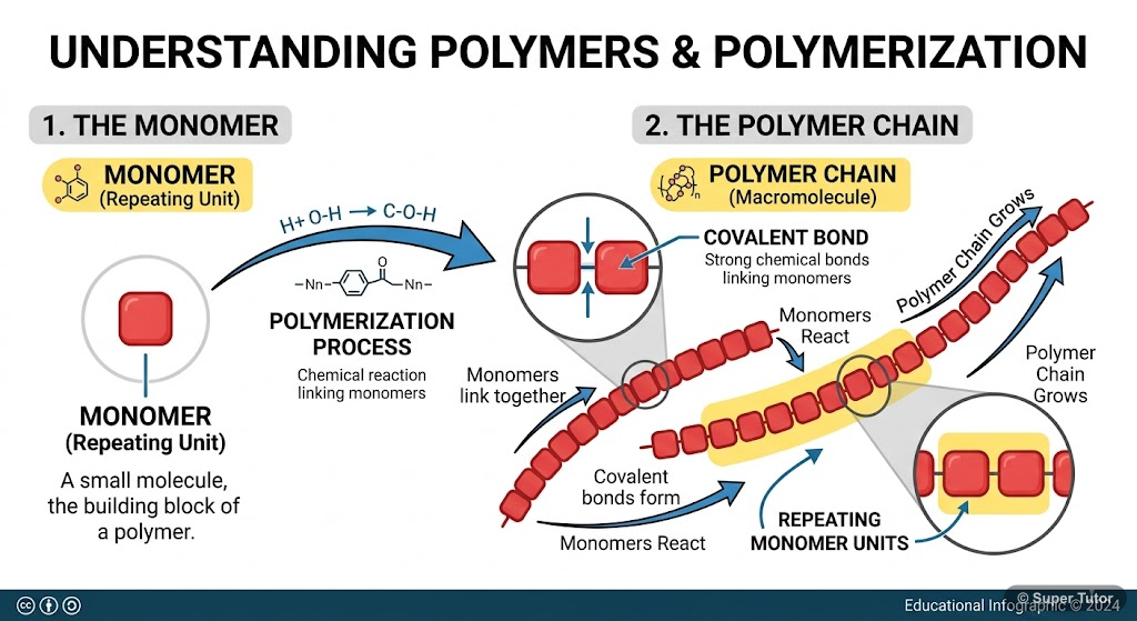 An infographic explaining the basic concepts of polymers, monomers, and the polymerization process, showing how many small monomer units link together to form a large polymer molecule.