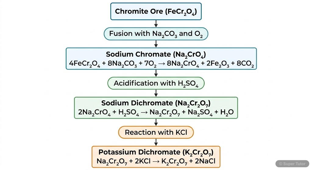 A flowchart detailing the industrial preparation of potassium dichromate, starting from chromite ore and involving fusion, acidification, and conversion steps.