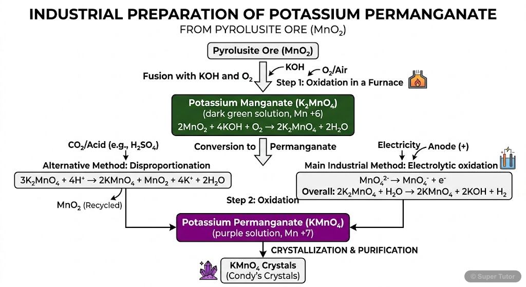 Preparation of Potassium Permanganate from Pyrolusite Ore A flowchart detailing the industrial preparation of potassium permanganate, starting from pyrolusite ore (MnO₂) and involving fusion, oxidation, and disproportionation steps.