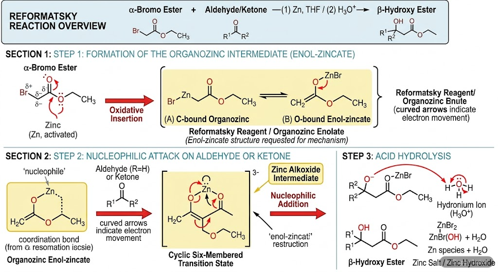 A reaction mechanism illustrating the Reformatsky reaction, where aldehydes or ketones react with α-bromo esters and zinc to form β-hydroxy esters, involving an organozinc intermediate.