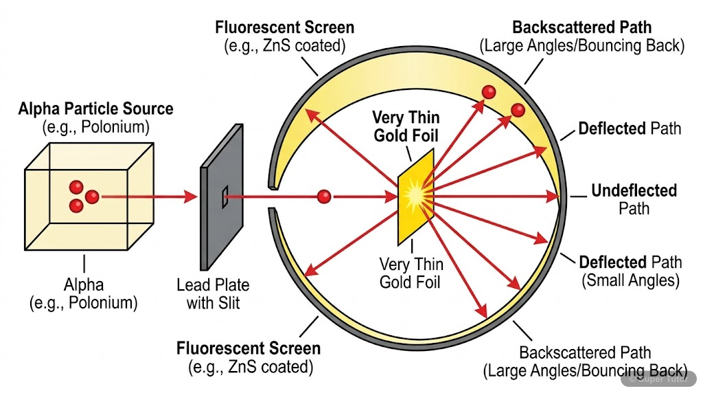 A labeled diagram of Rutherford's gold foil experiment, showing alpha particles emitted from a source, passing through a lead plate, striking a thin gold foil, and being detected by a fluorescent scre