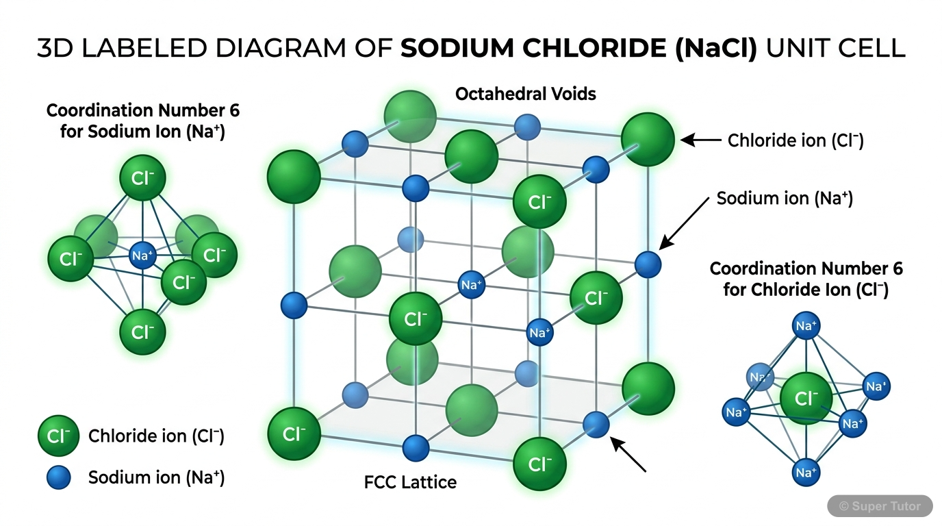 A 3D representation of the NaCl unit cell showing the positions of Na+ and Cl- ions, highlighting the face-centered cubic (fcc) arrangement of Cl- ions and Na+ ions in octahedral voids. It also indica