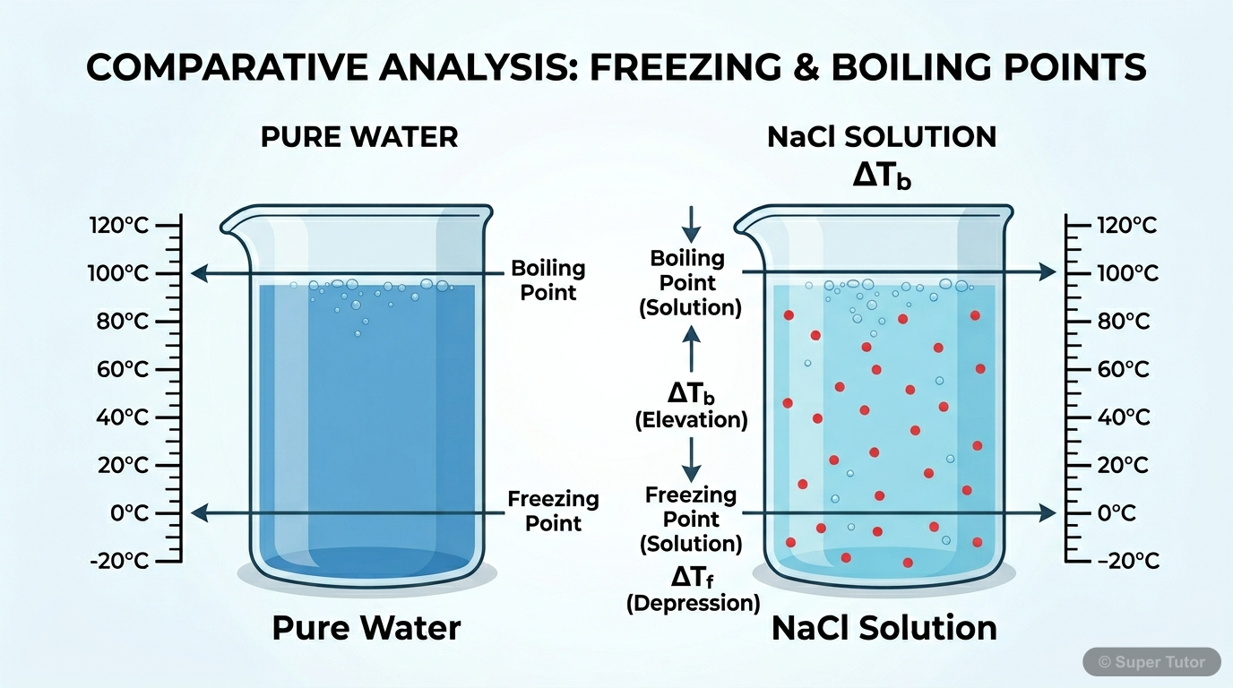 A diagram illustrating how the addition of a non-volatile solute (like NaCl) to a pure solvent (water) lowers its freezing point and raises its boiling point. Show the phase diagram shift or a simple 