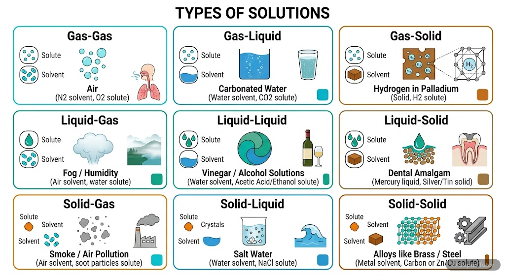 An infographic illustrating different types of solutions based on the physical state of solute and solvent, including gaseous, liquid, and solid solutions, with common examples for each.