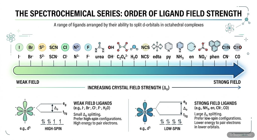 An infographic presenting the spectrochemical series, which orders common ligands by their ability to cause crystal field splitting. Explain the significance of strong field vs. weak field ligands.