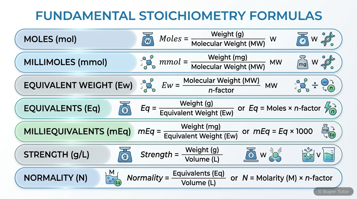 An infographic displaying the core formulas for calculating equivalents (Eq), milliequivalents (mEq), moles, millimoles (Mmol), equivalent weight (Ew), strength, and normality (N) in stoichiometry. It