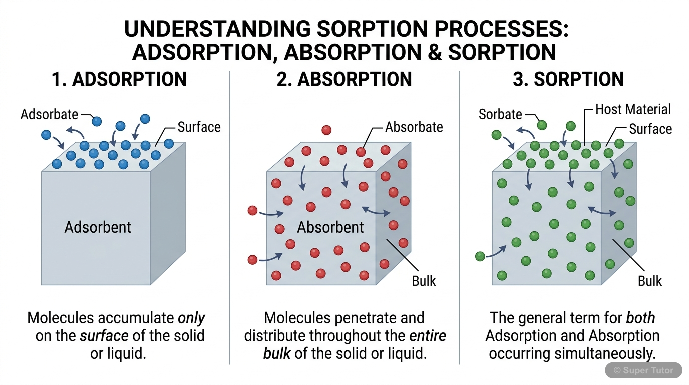 A diagram illustrating the difference between adsorption (surface phenomenon), absorption (bulk phenomenon), and sorption (both occurring simultaneously). Show molecules accumulating on the surface fo