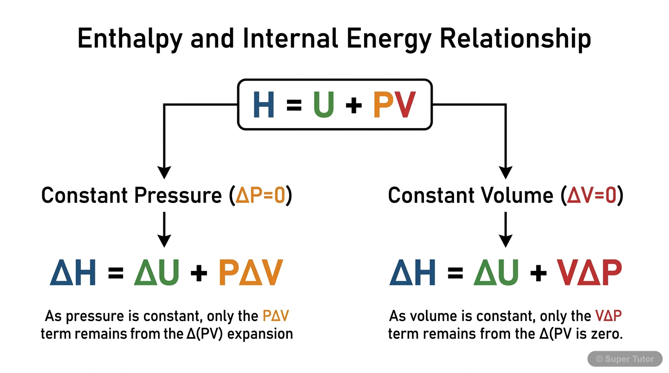 A diagram illustrating the relationship between enthalpy (H), internal energy (U), pressure (P), and volume (V), specifically showing how ΔH relates to ΔU under constant pressure and constant volume c