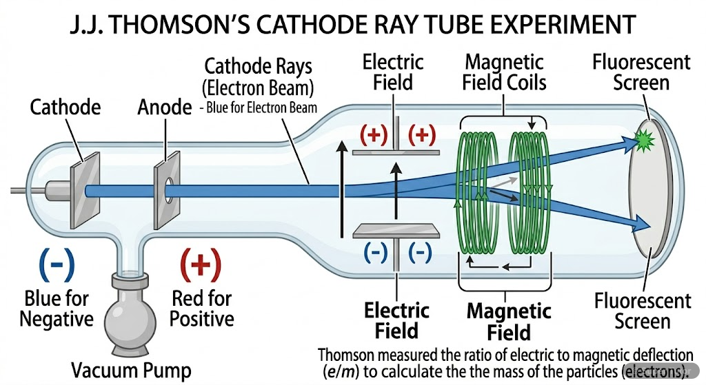 A labeled diagram illustrating J.J. Thomson's cathode ray tube experiment, showing the generation of cathode rays, their deflection by electric and magnetic fields, and how this led to the discovery o