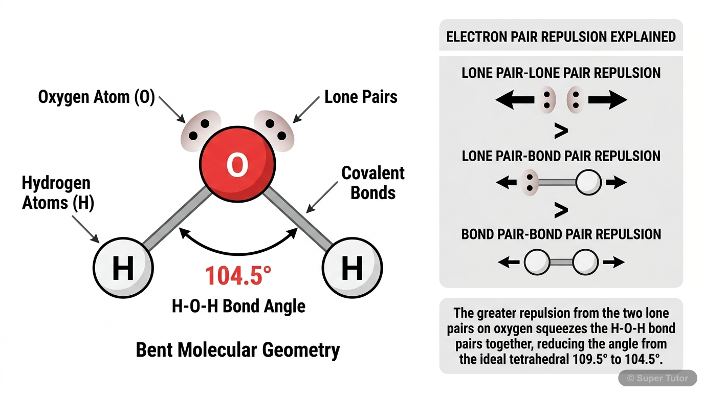A diagram illustrating the bent molecular geometry of a water molecule (H₂O) and explaining the bond angle reduction (104.5°) from ideal tetrahedral (109.5°) due to lone pair-lone pair and lone pair-b