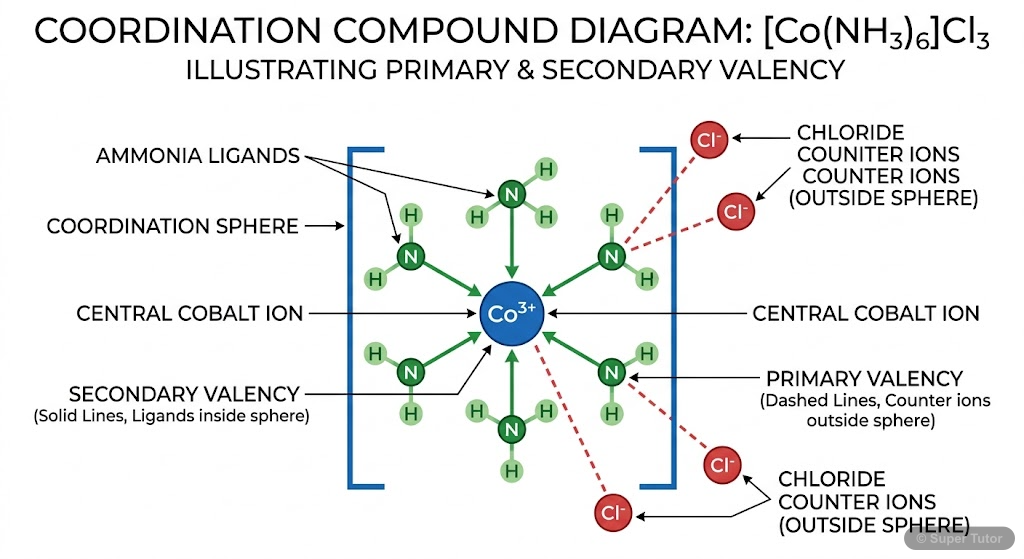 A diagram illustrating a coordination compound, clearly distinguishing and labeling the central metal ion, ligands, coordination sphere, primary valency (ionizable counter ions), and secondary valency